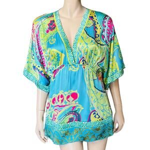 Hale Bob Turquoise Lime and Hot Pink Paisley V-Neck Tunic
